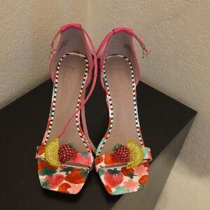 Betsey Johnson Pink Strawberry & Lemon Embellished Ankle-Strap Heels